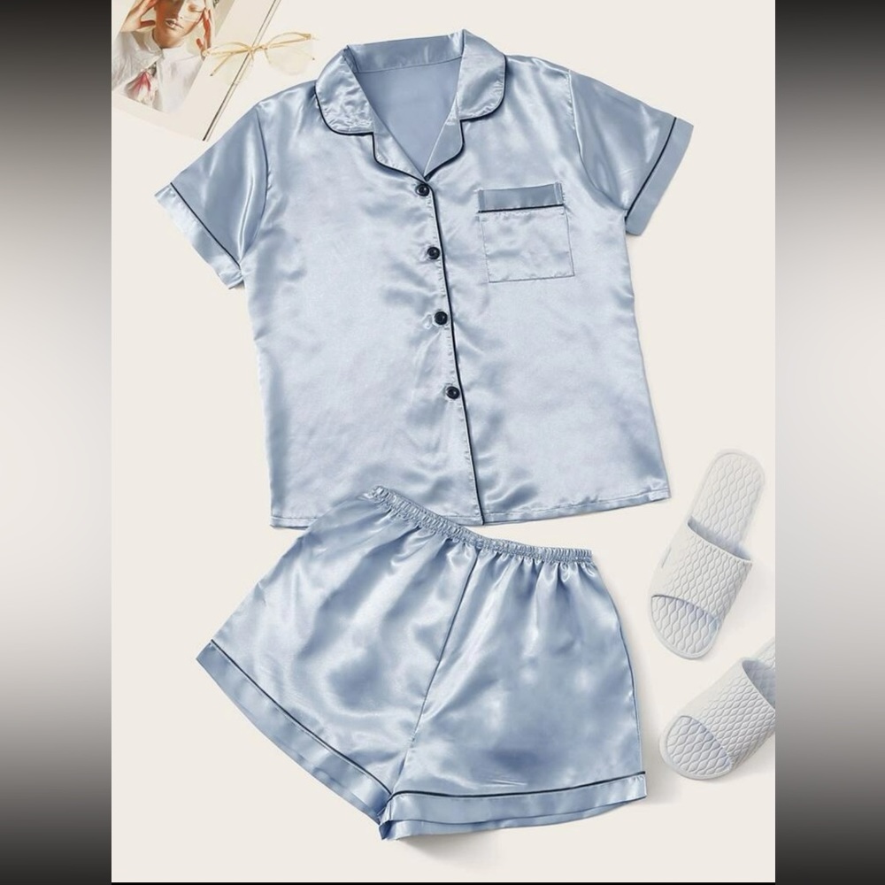 Light Blue Shiny Pajama Set (Shein Size Large)